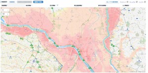 不動産情報ライブラリを利用して、洪水浸水想定区域と土砂災害警戒区域を確認した例。